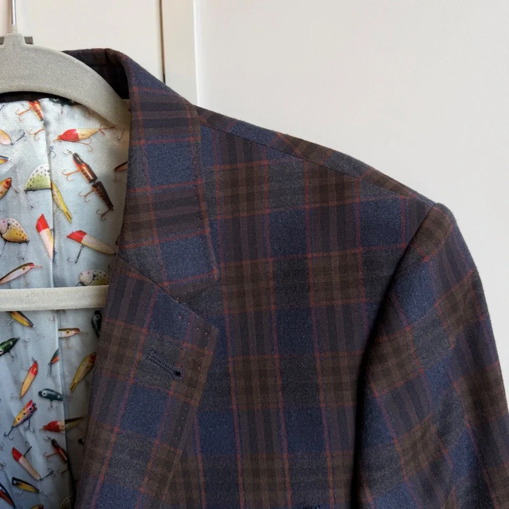 Ted Baker Tight Lines Blazer 38R Blue Brown Plaid Windowpane Preppy Sport Coat